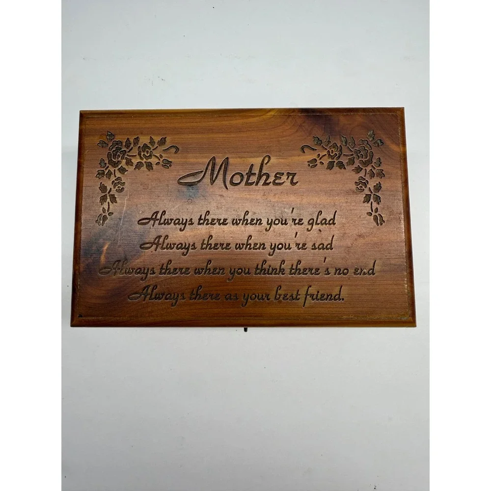 Vintage Cedar Wood Mother Poem Keepsake Box Floral Engraved Jewelry Chest 6x5